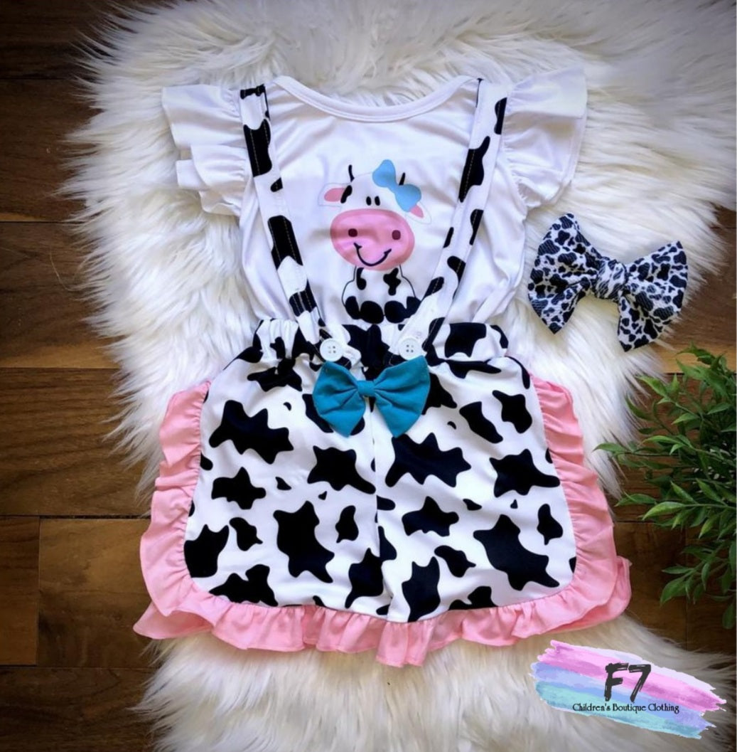 Cute Cow Suspender Short Set