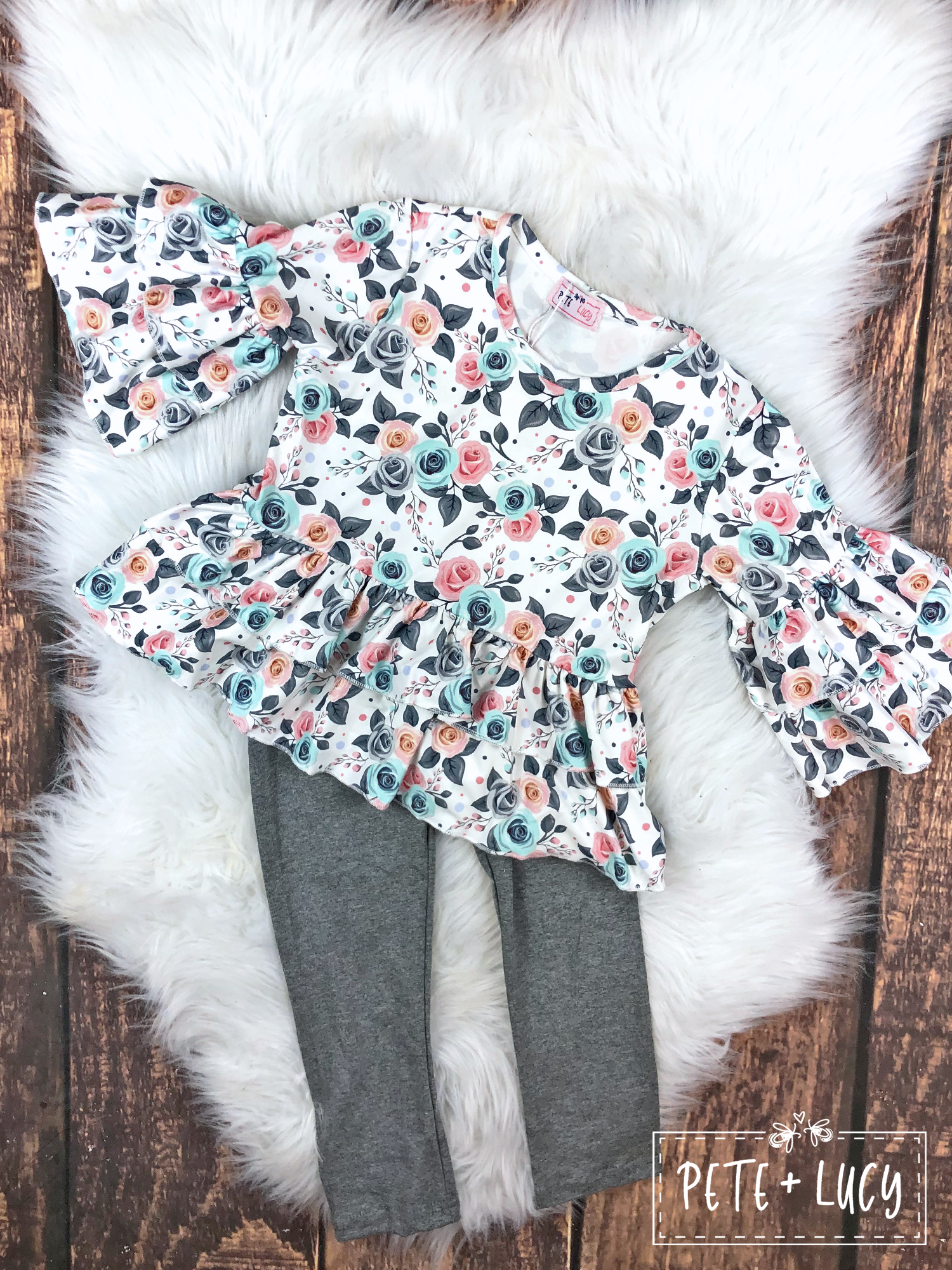 Gray Flower Ruffle Sleeve Pant Set