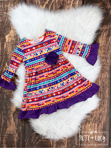 Aztec Purple Ruffle Sleeve Dress